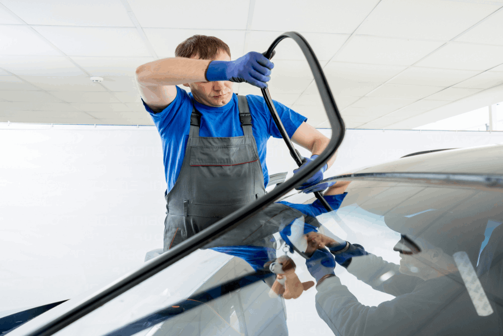 automobile-special-workers-remove-old-windscreen-windshield-car-auto-service-station-garage